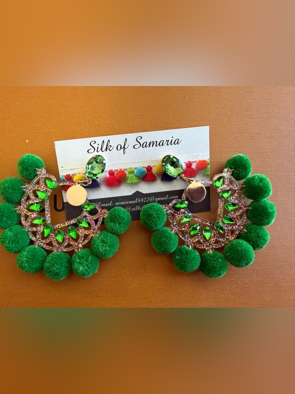 Silk of Samaria Green Pom Pom Statement Earrings